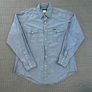 Vtg Wrangler Pearl Snap Denim Shirt Men 17x36 (XL) Blue Western Rancher Cowboy